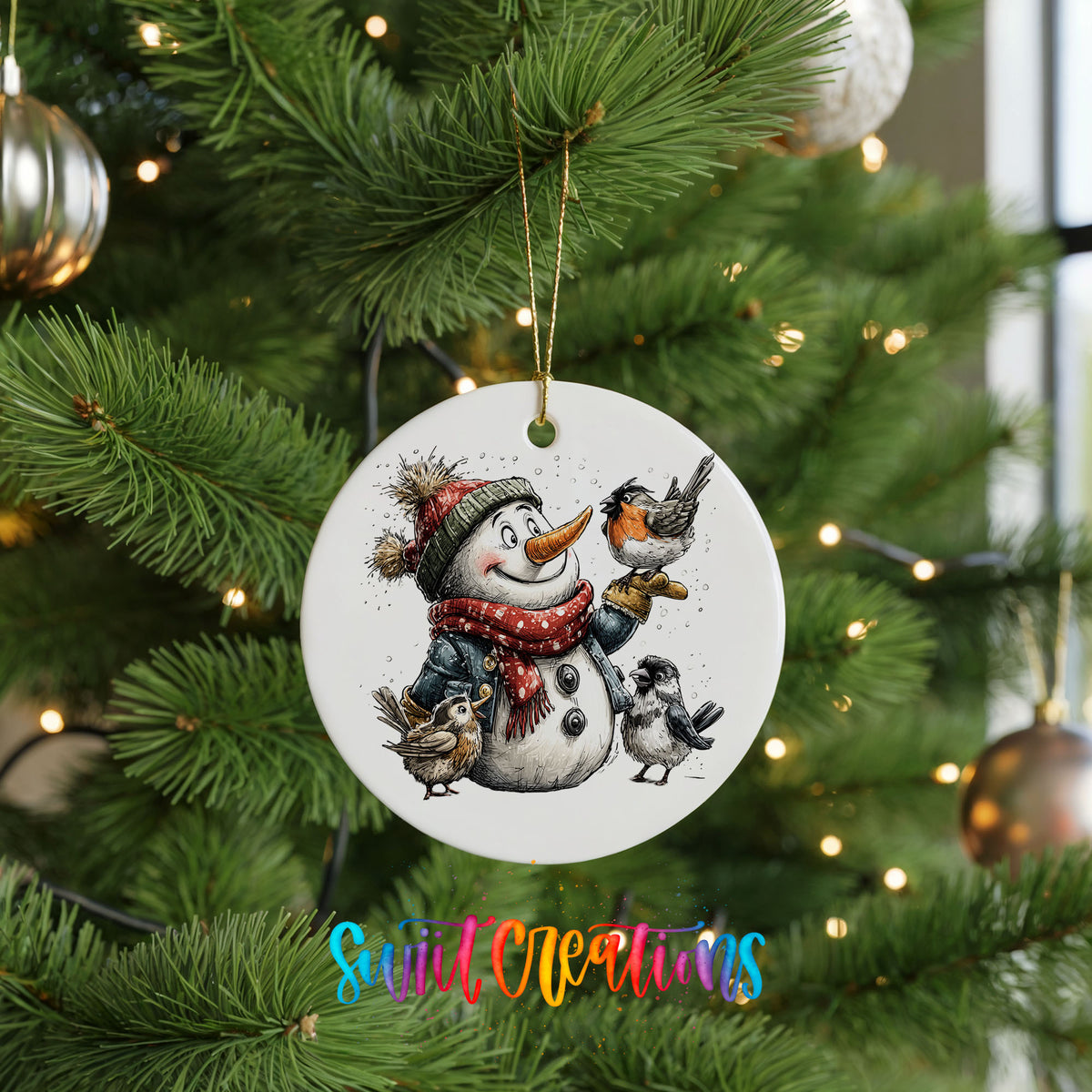 snowman in a red scarf surrounded by birds ceramic Christmas ornament hanging on a lit Christmas tree