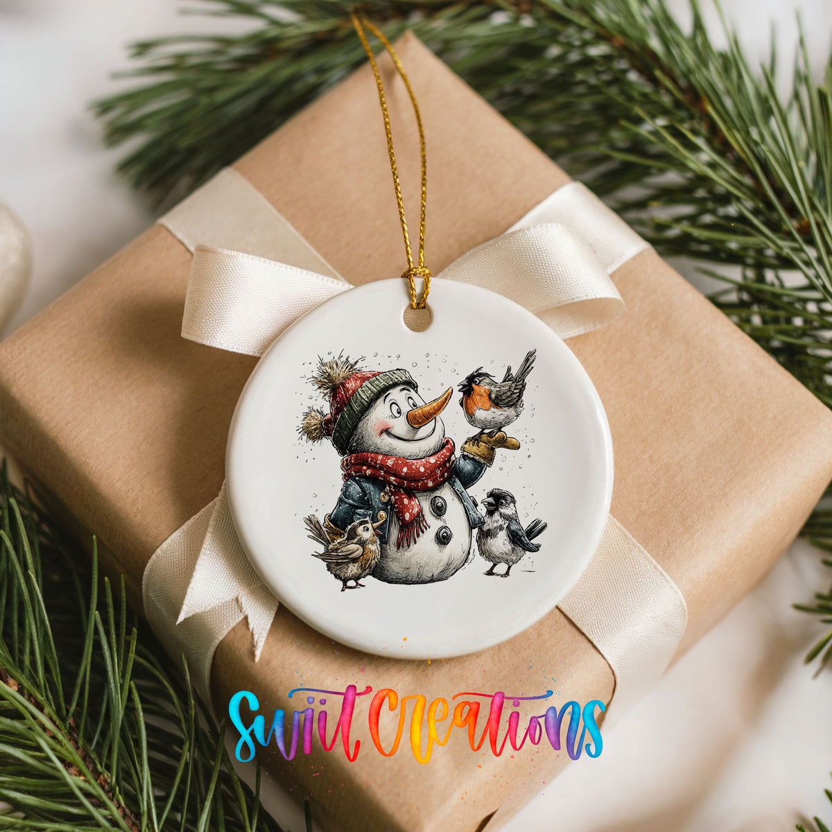 snowman in a red scarf surrounded by birds ceramic Christmas ornament displayed on a wrapped Christmas gift