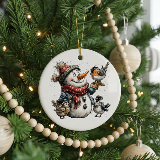 Snowman In Red Scarf With Winter Birds ceramic Christmas ornament, front view