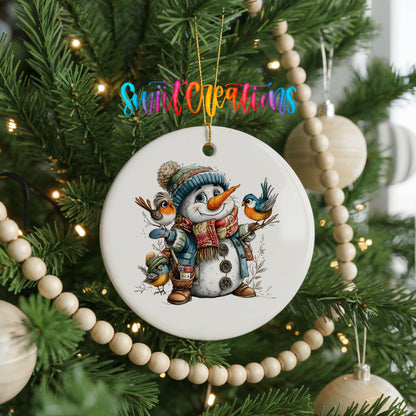 snowman in a blue hat with colorful winter birds ceramic Christmas ornament hanging on a green Christmas tree