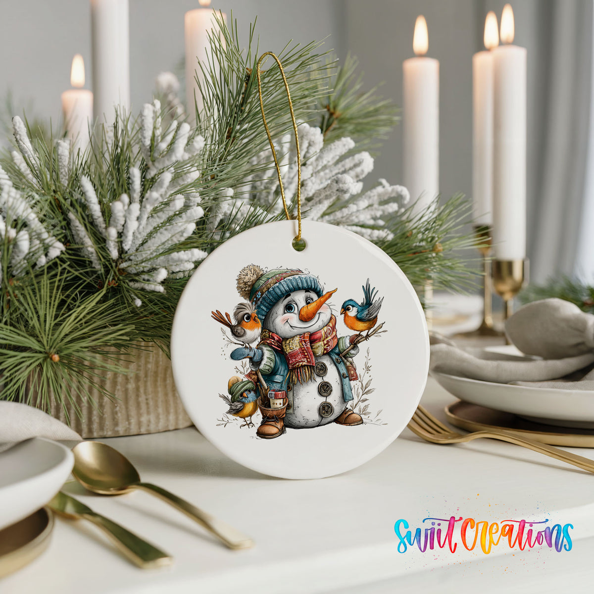 snowman in a blue hat with colorful winter birds ceramic Christmas ornament shown in a holiday table setting