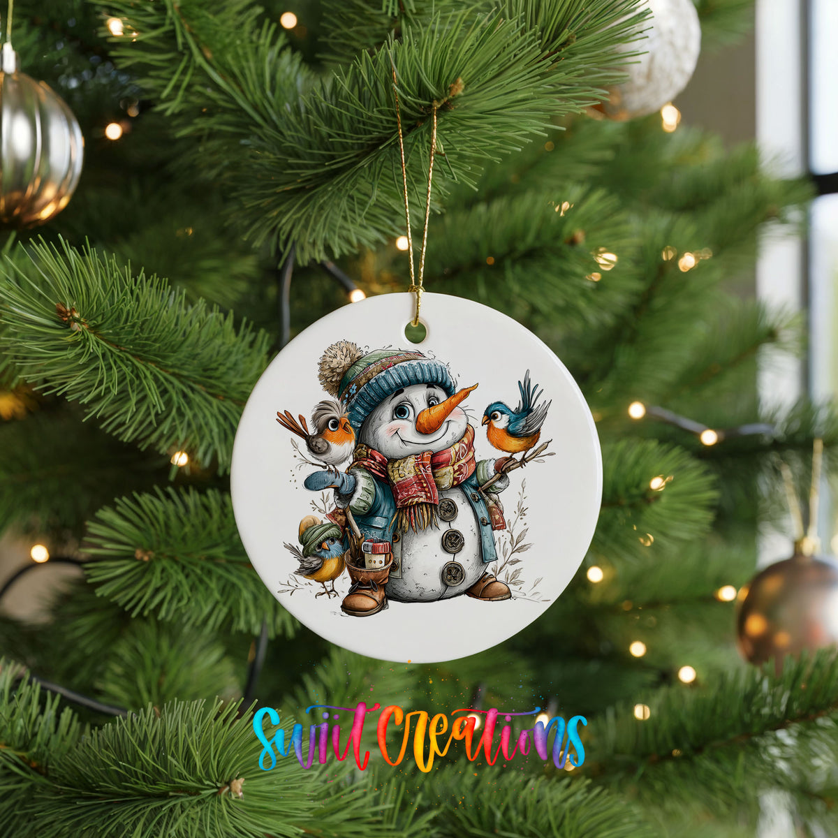 snowman in a blue hat with colorful winter birds ceramic Christmas ornament hanging on a lit Christmas tree