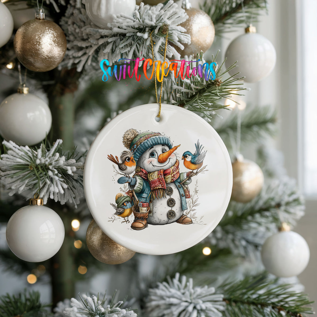 snowman in a blue hat with colorful winter birds ceramic Christmas ornament hanging on a frosted tree with ornaments