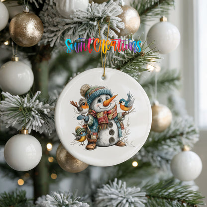 snowman in a blue hat with colorful winter birds ceramic Christmas ornament hanging on a frosted tree with ornaments