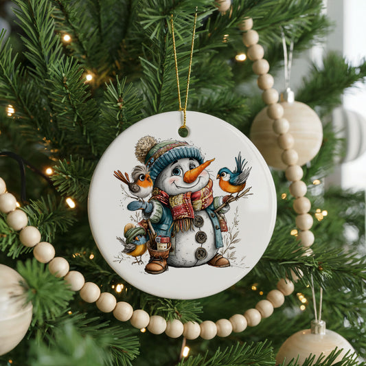 Snowman In Blue Hat With Colorful Birds ceramic Christmas ornament, front view