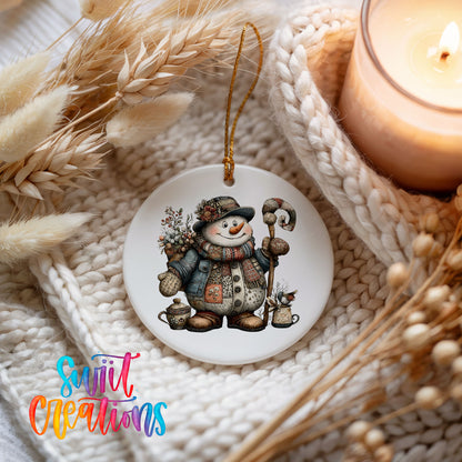 snowman in a brown winter hat holding a candy cane ceramic Christmas ornament styled on a cozy knit blanket
