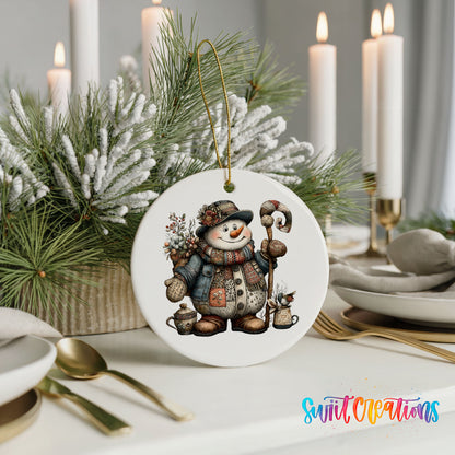 snowman in a brown winter hat holding a candy cane ceramic Christmas ornament shown in a holiday table setting