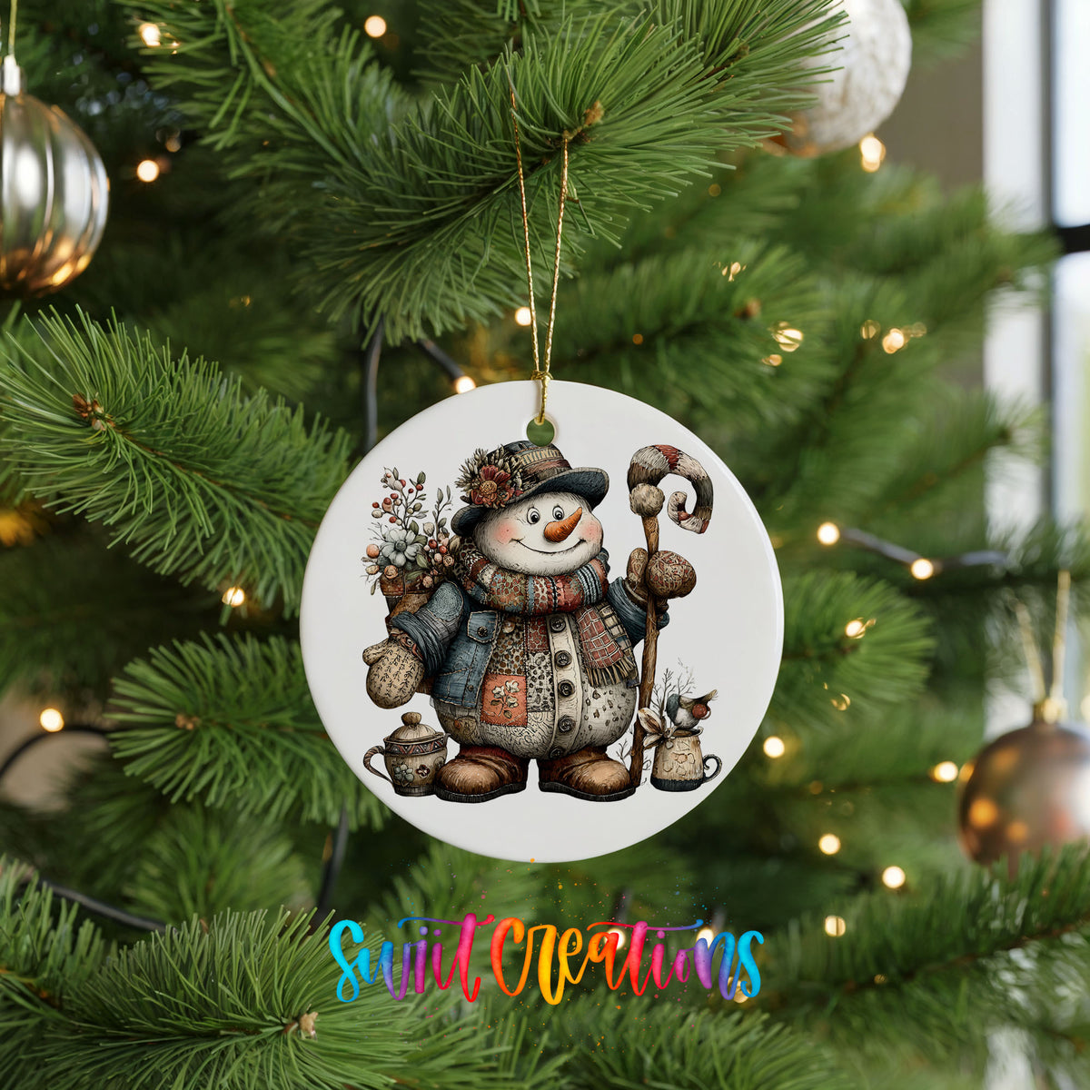 snowman in a brown winter hat holding a candy cane ceramic Christmas ornament hanging on a lit Christmas tree