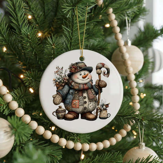 Snowman With Candy Cane ceramic Christmas ornament, front view