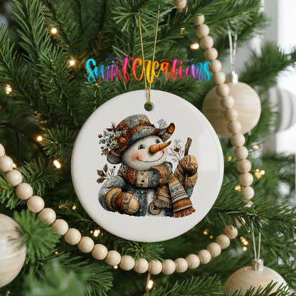 snowman in a brown hat with a winter walking stick ceramic Christmas ornament hanging on a green Christmas tree