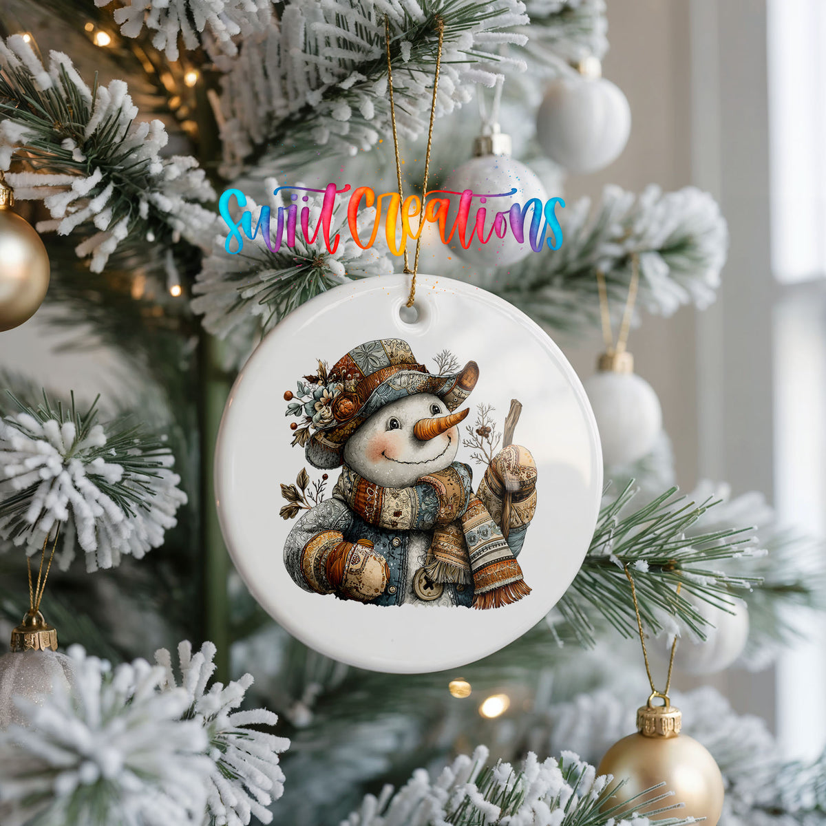 snowman in a brown hat with a winter walking stick ceramic Christmas ornament hanging on a frosted Christmas tree