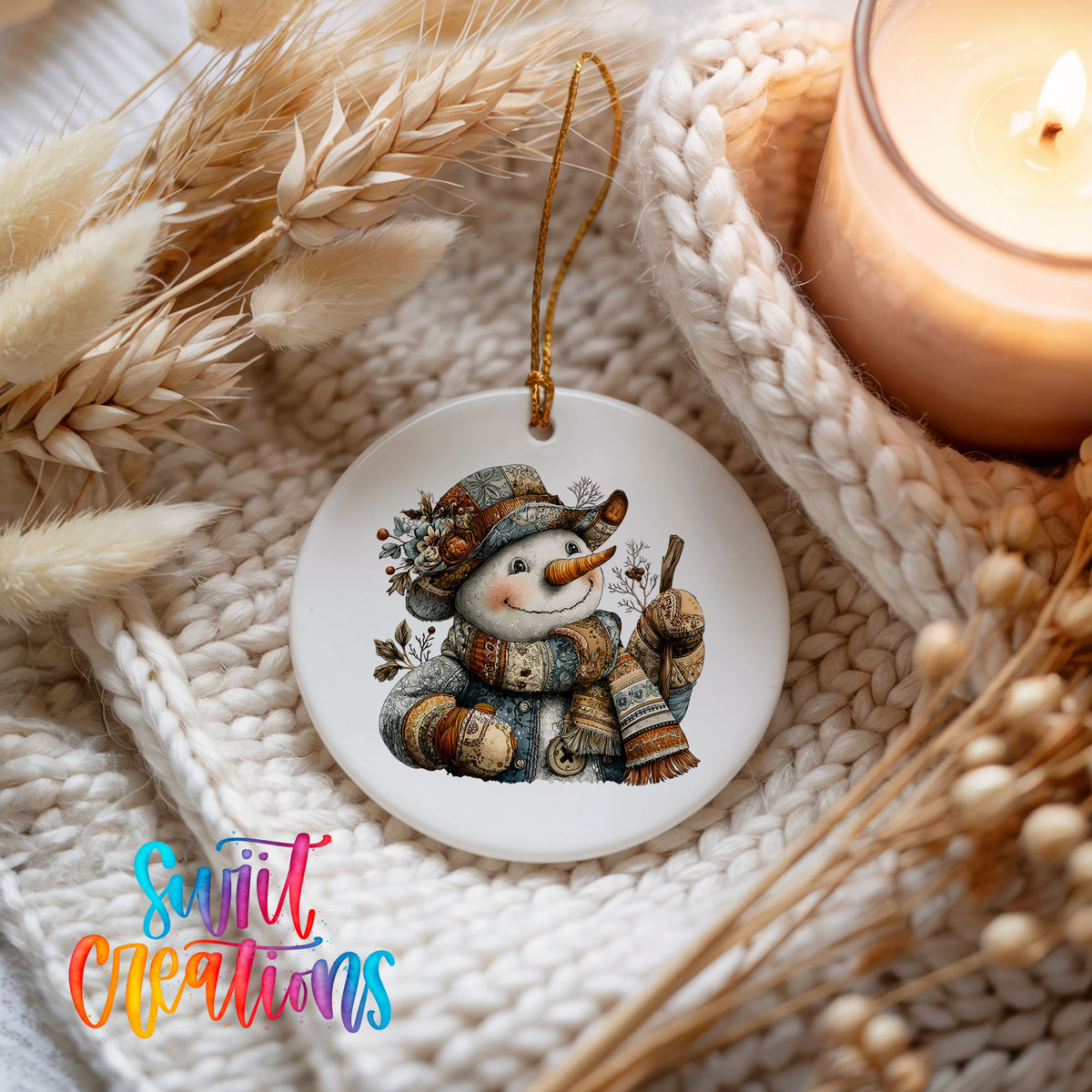 snowman in a brown hat with a winter walking stick ceramic Christmas ornament styled on a cozy knit blanket