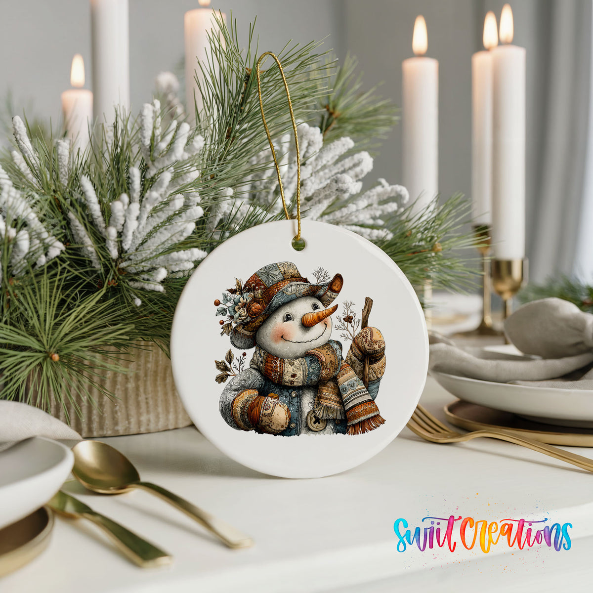 snowman in a brown hat with a winter walking stick ceramic Christmas ornament shown in a holiday table setting