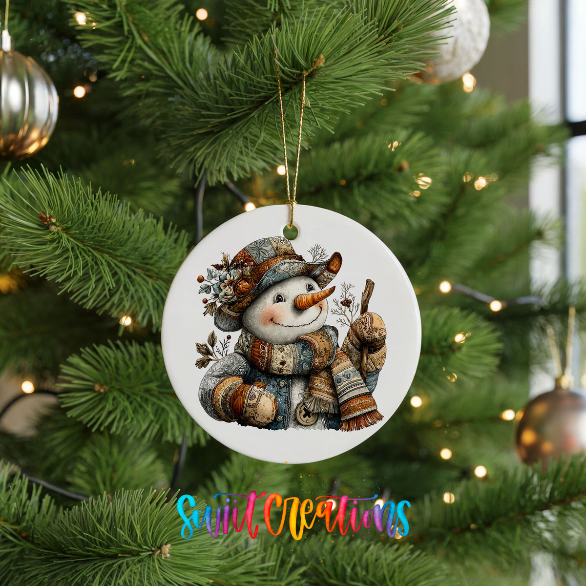 snowman in a brown hat with a winter walking stick ceramic Christmas ornament hanging on a lit Christmas tree