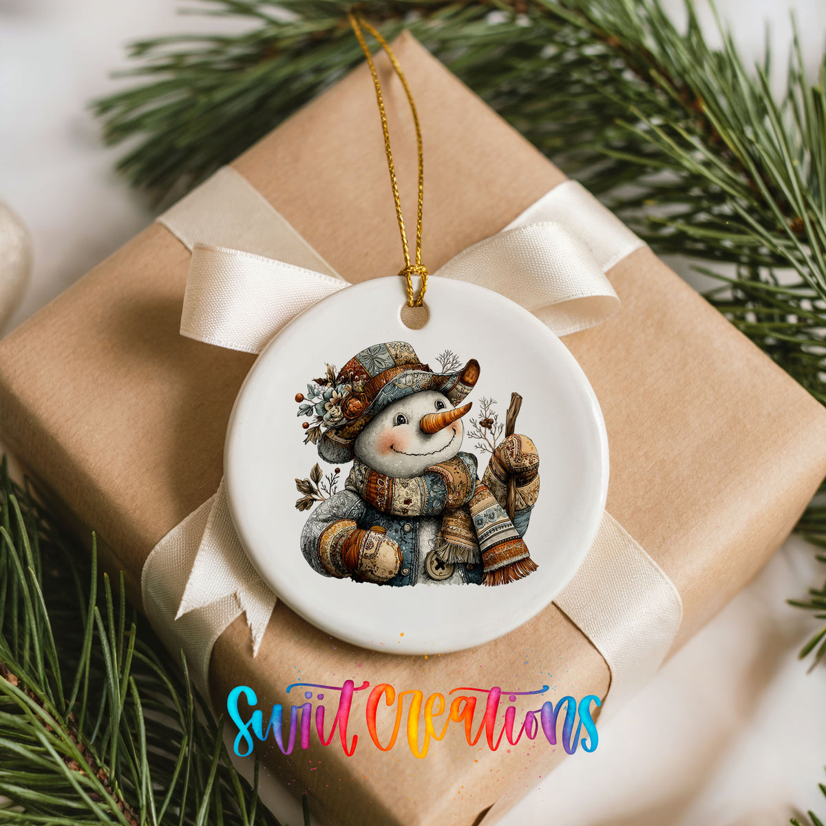 snowman in a brown hat with a winter walking stick ceramic Christmas ornament displayed on a wrapped Christmas gift