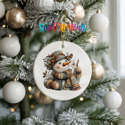 snowman in a brown hat with a winter walking stick ceramic Christmas ornament hanging on a frosted tree with ornaments