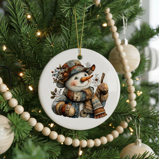 Snowman With Winter Walking Stick ceramic Christmas ornament, front view