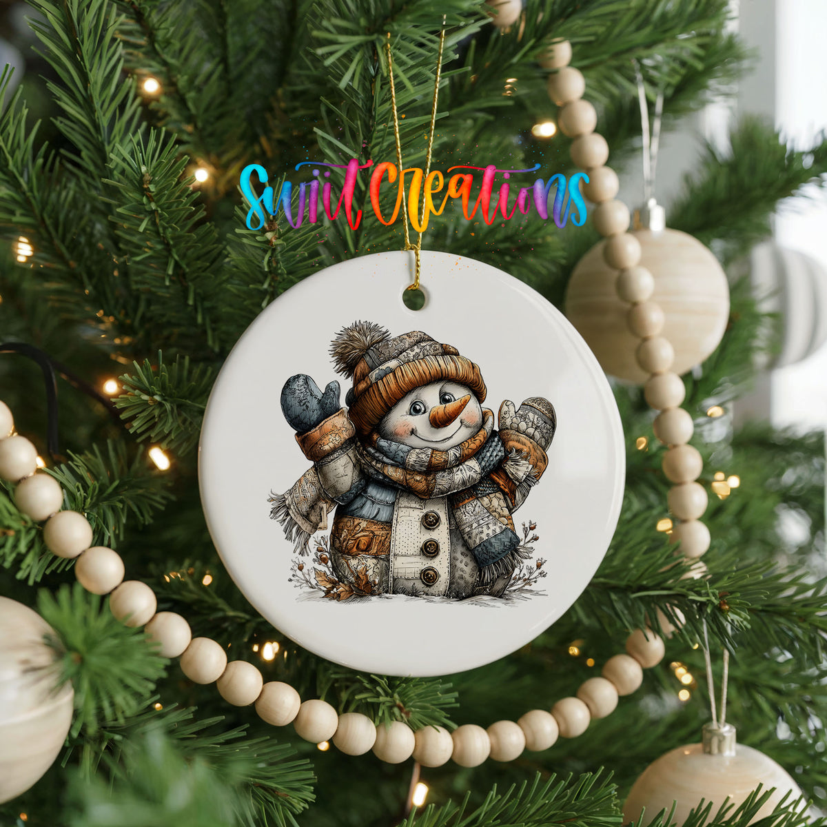 cheerful snowman in a knit hat and blue mittens ceramic Christmas ornament hanging on a green Christmas tree
