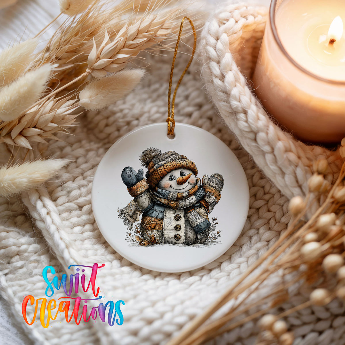 cheerful snowman in a knit hat and blue mittens ceramic Christmas ornament styled on a cozy knit blanket