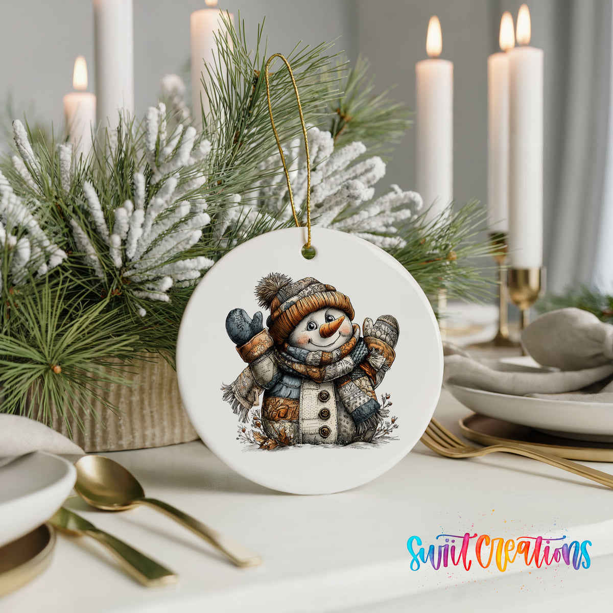 cheerful snowman in a knit hat and blue mittens ceramic Christmas ornament shown in a holiday table setting
