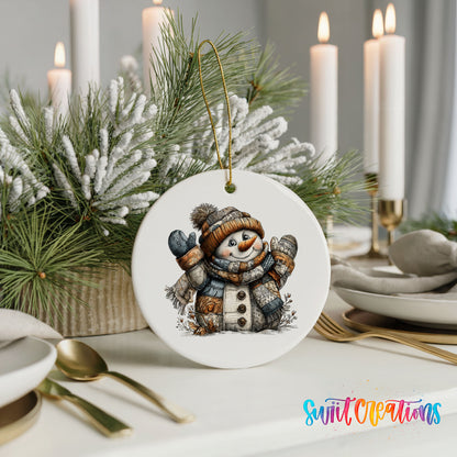 cheerful snowman in a knit hat and blue mittens ceramic Christmas ornament shown in a holiday table setting