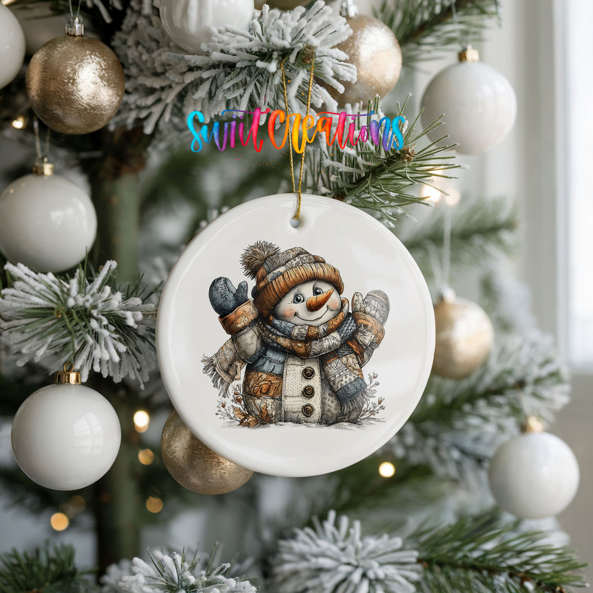 cheerful snowman in a knit hat and blue mittens ceramic Christmas ornament hanging on a frosted tree with ornaments