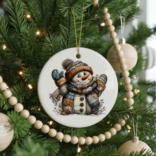 Cheerful Snowman In Knit Hat ceramic Christmas ornament, front view