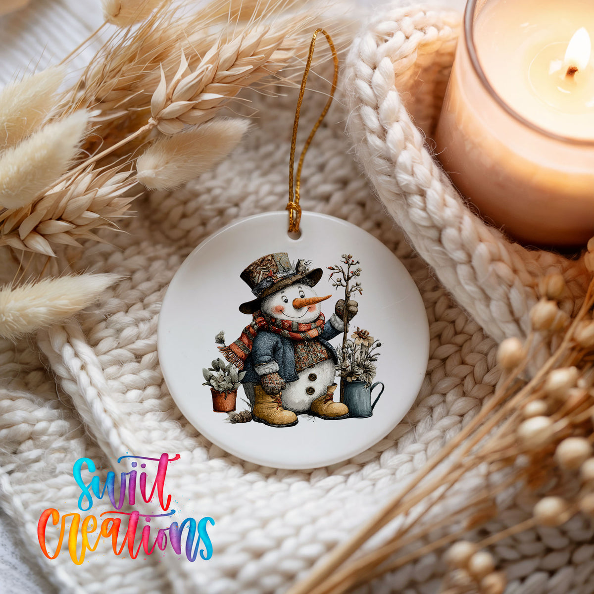 snowman in a black top hat beside potted evergreens ceramic Christmas ornament styled on a cozy knit blanket