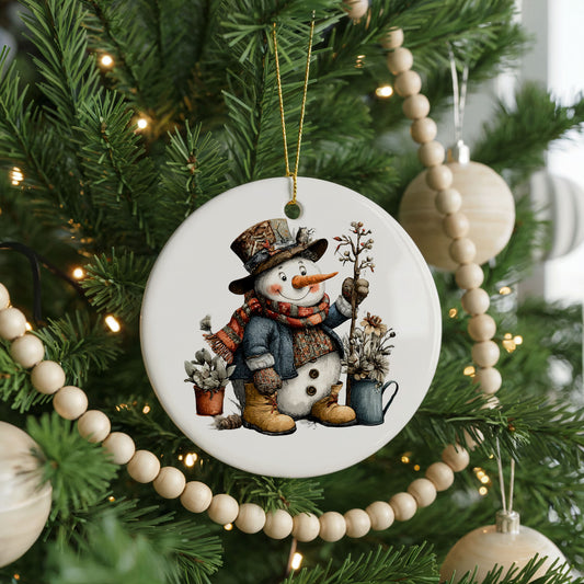 Snowman By Potted Evergreens ceramic Christmas ornament, front view