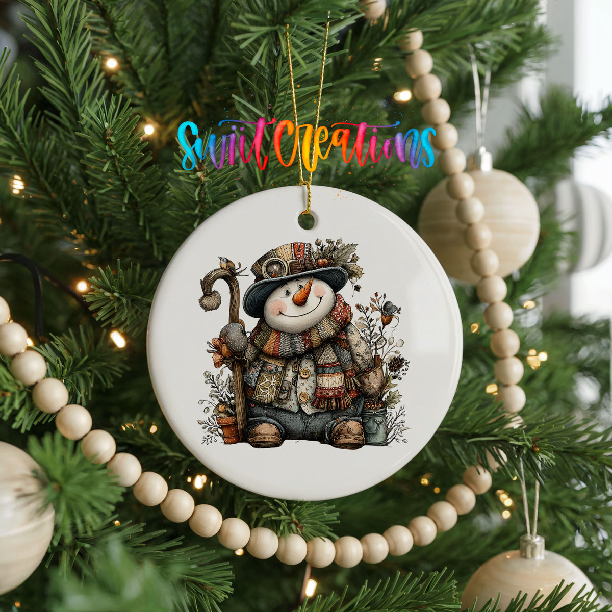 snowman sitting with woodland animals ceramic Christmas ornament hanging on a green Christmas tree