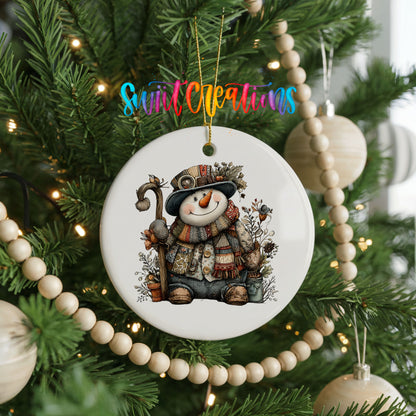 snowman sitting with woodland animals ceramic Christmas ornament hanging on a green Christmas tree