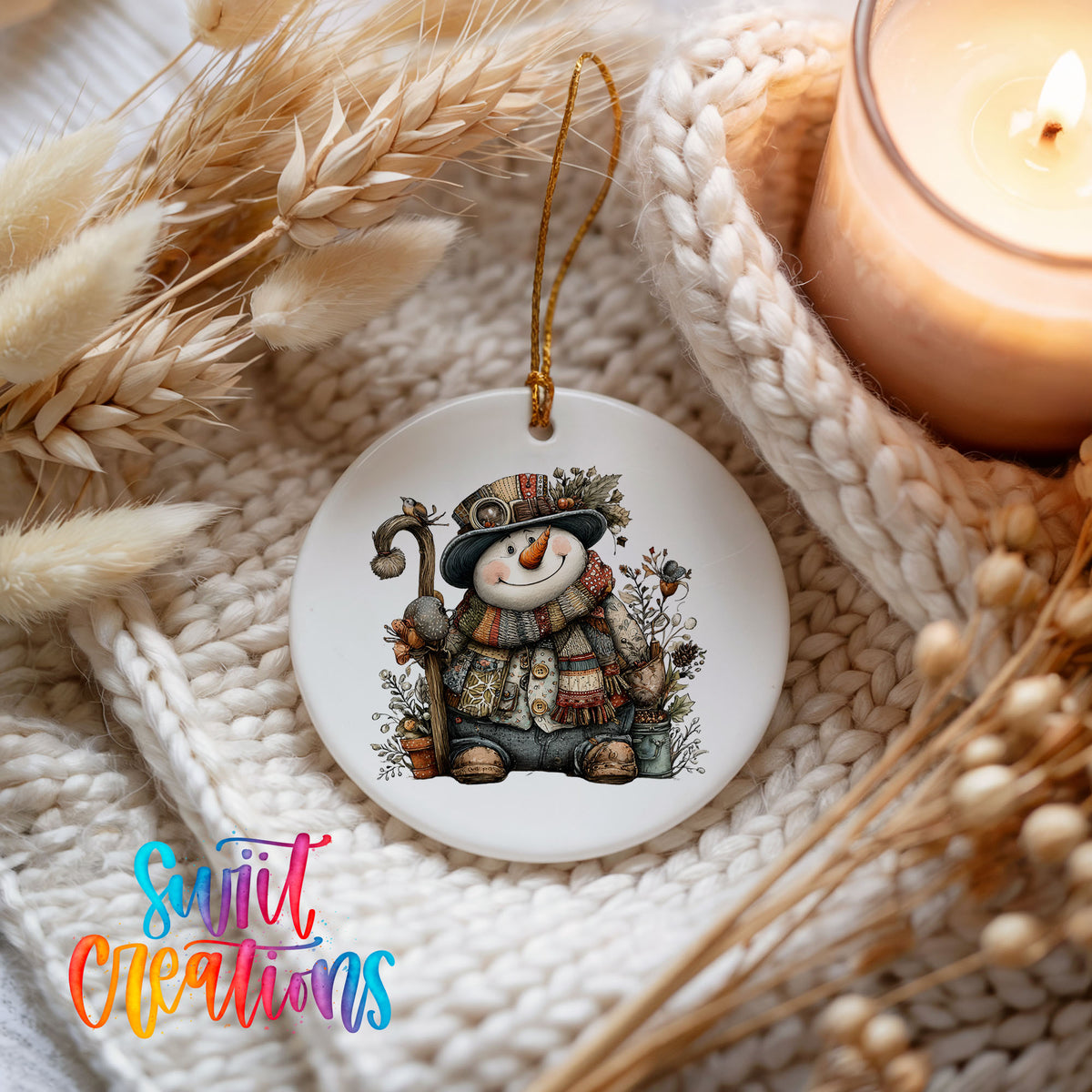 snowman sitting with woodland animals ceramic Christmas ornament styled on a cozy knit blanket
