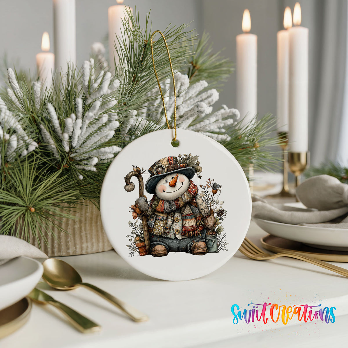 snowman sitting with woodland animals ceramic Christmas ornament shown in a holiday table setting