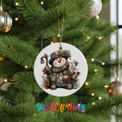 snowman sitting with woodland animals ceramic Christmas ornament hanging on a lit Christmas tree