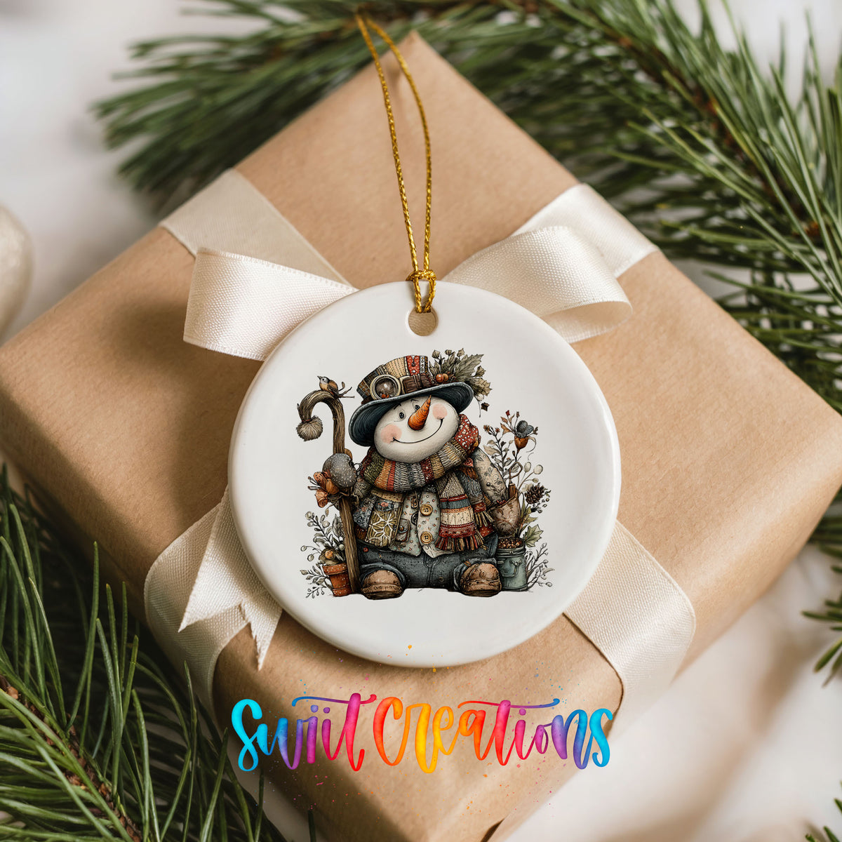 snowman sitting with woodland animals ceramic Christmas ornament displayed on a wrapped Christmas gift