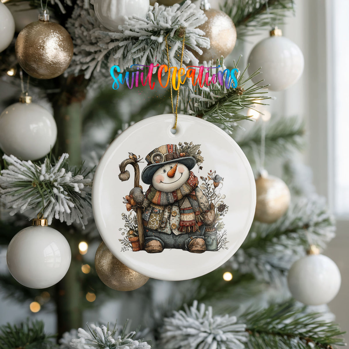 snowman sitting with woodland animals ceramic Christmas ornament hanging on a frosted tree with ornaments