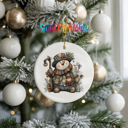 snowman sitting with woodland animals ceramic Christmas ornament hanging on a frosted tree with ornaments