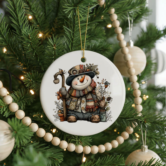 Snowman With Woodland Animals ceramic Christmas ornament, front view