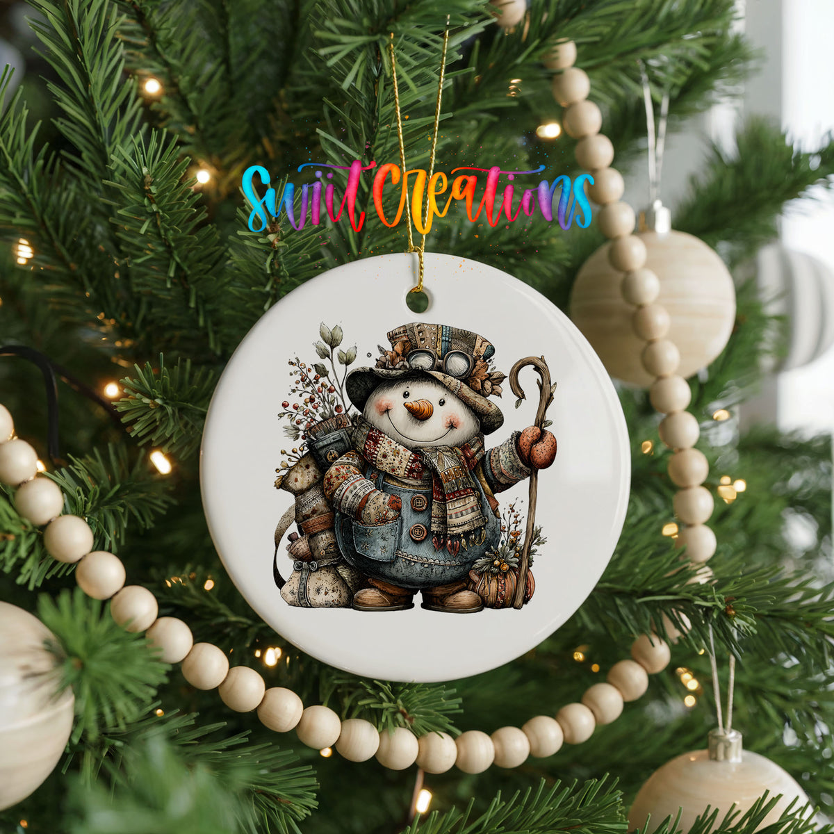 snowman with a walking stick and winter greenery ceramic Christmas ornament hanging on a green Christmas tree