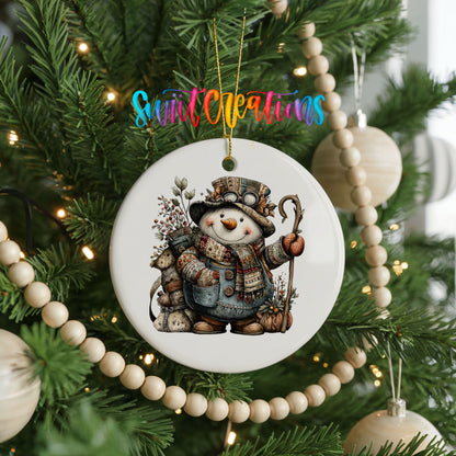 snowman with a walking stick and winter greenery ceramic Christmas ornament hanging on a green Christmas tree