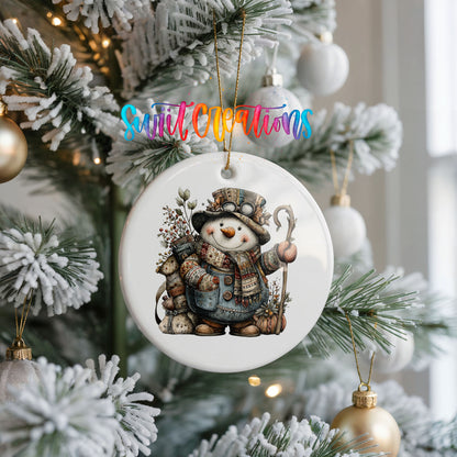 snowman with a walking stick and winter greenery ceramic Christmas ornament hanging on a frosted Christmas tree