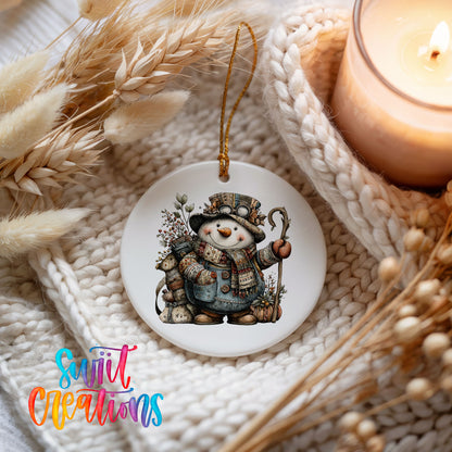 snowman with a walking stick and winter greenery ceramic Christmas ornament styled on a cozy knit blanket