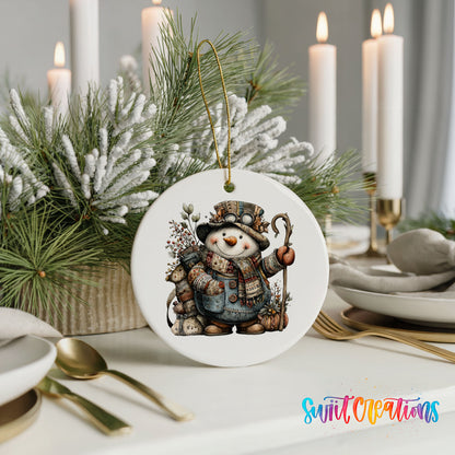 snowman with a walking stick and winter greenery ceramic Christmas ornament shown in a holiday table setting