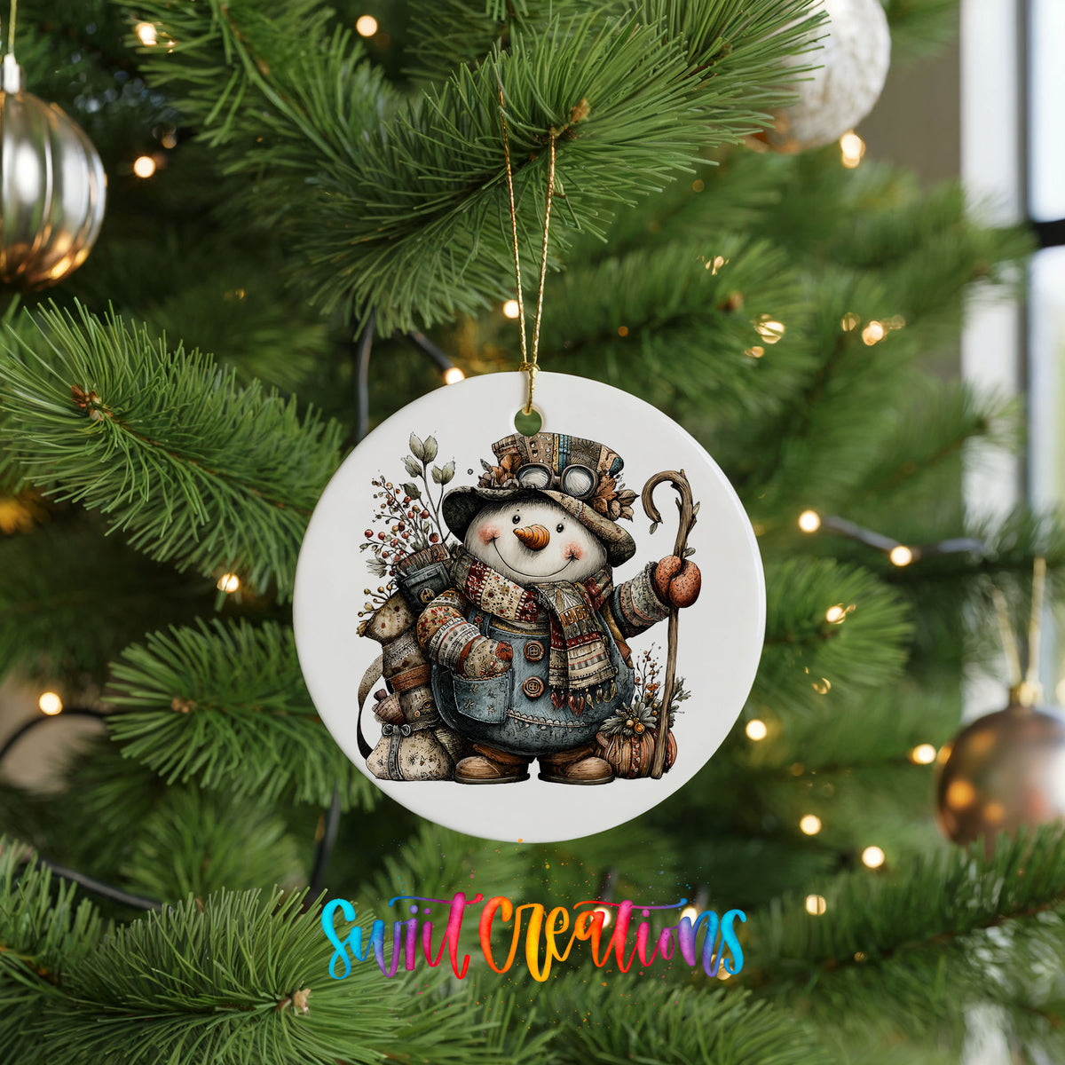 snowman with a walking stick and winter greenery ceramic Christmas ornament hanging on a lit Christmas tree