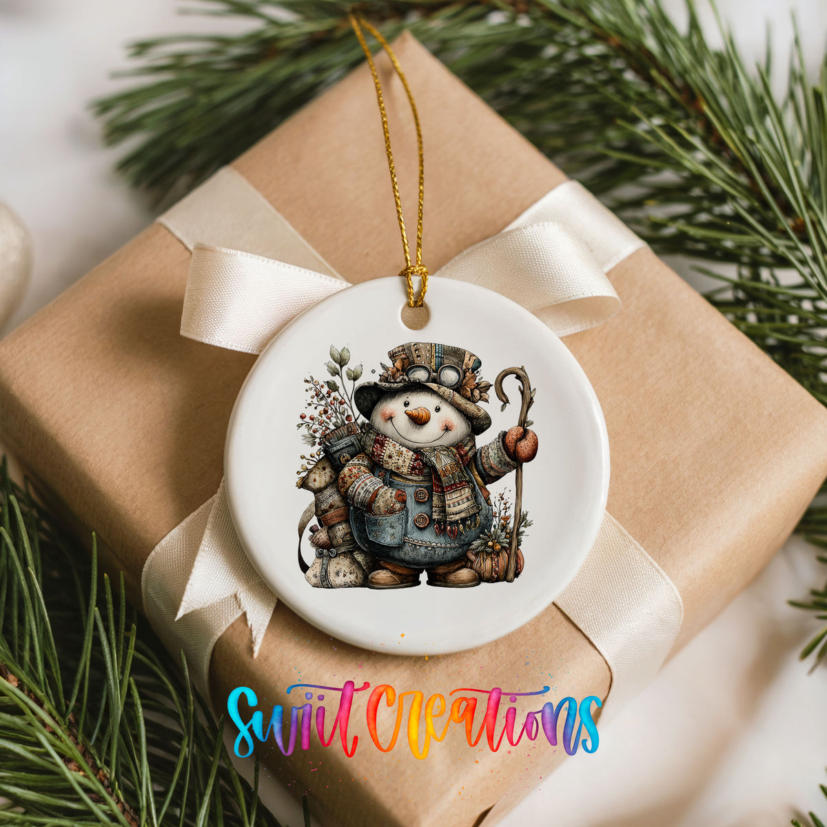 snowman with a walking stick and winter greenery ceramic Christmas ornament displayed on a wrapped Christmas gift