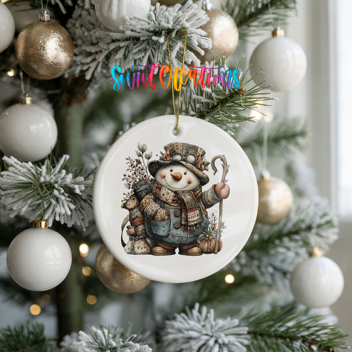 snowman with a walking stick and winter greenery ceramic Christmas ornament hanging on a frosted tree with ornaments