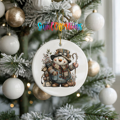 snowman with a walking stick and winter greenery ceramic Christmas ornament hanging on a frosted tree with ornaments