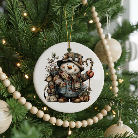 Snowman With Walking Stick And Greenery ceramic Christmas ornament, front view