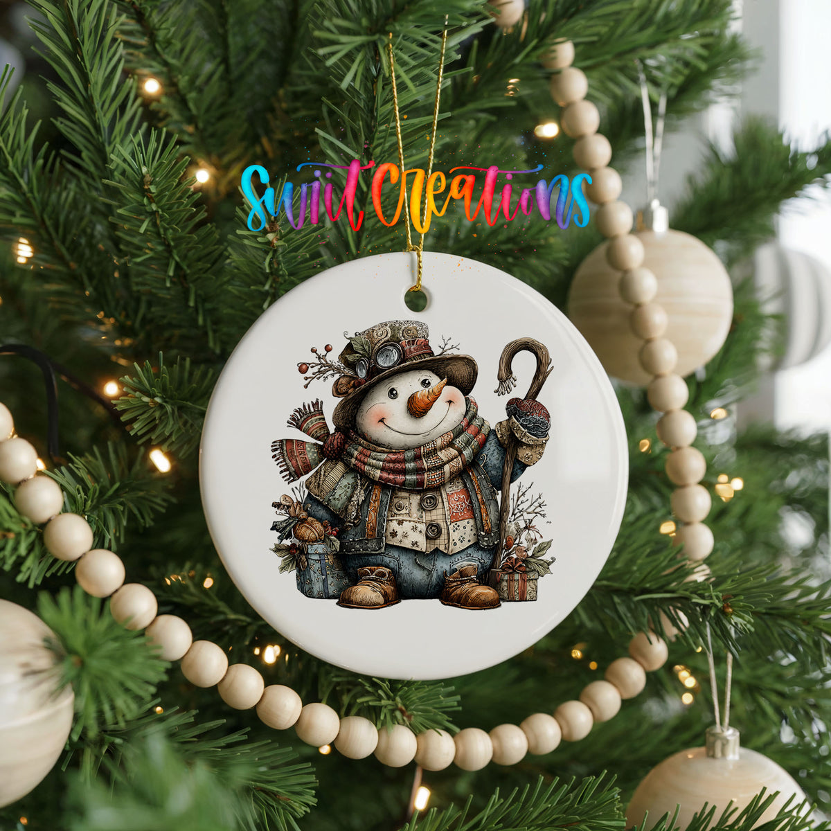 rustic snowman with a walking stick and plaid scarf ceramic Christmas ornament hanging on a green Christmas tree