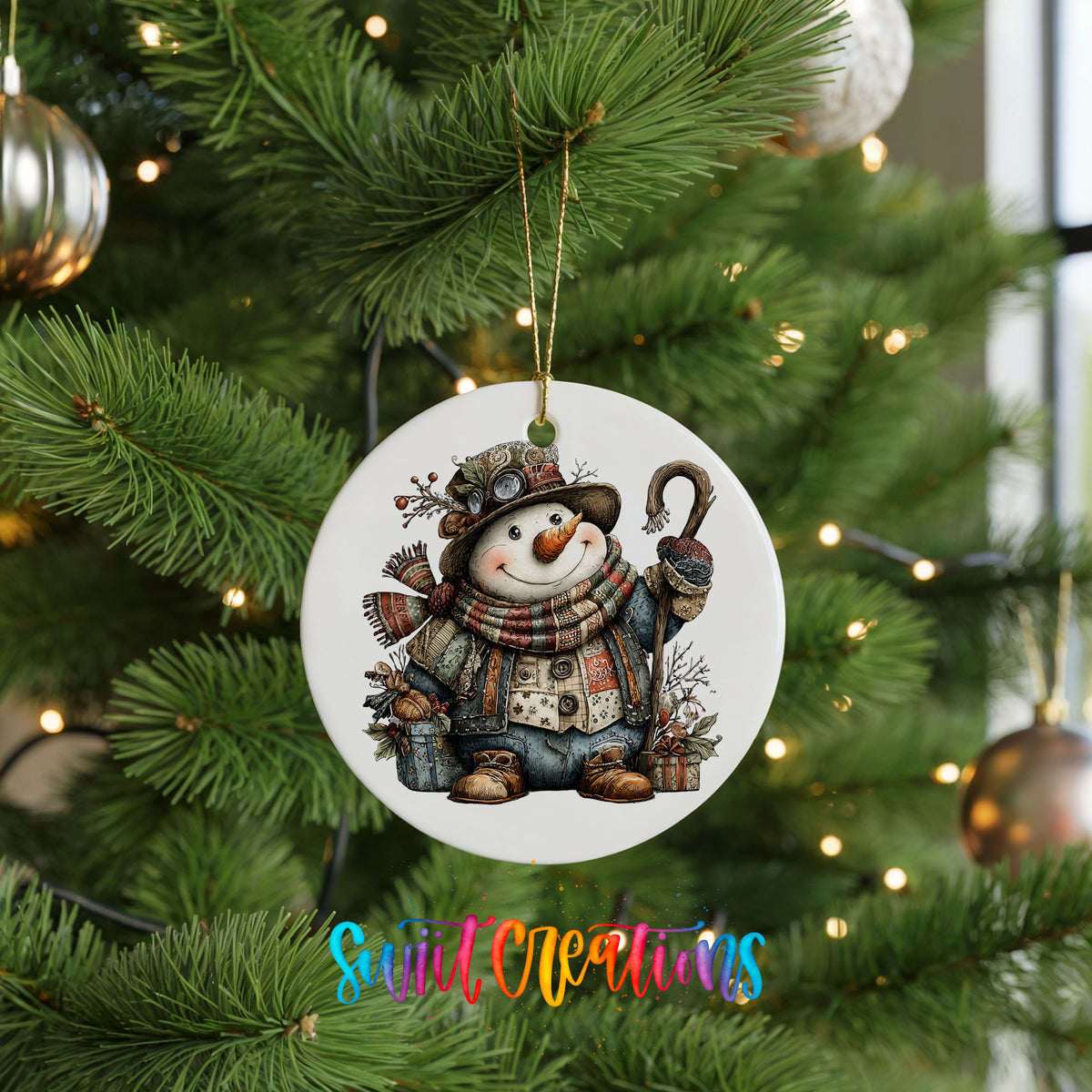 rustic snowman with a walking stick and plaid scarf ceramic Christmas ornament hanging on a lit Christmas tree